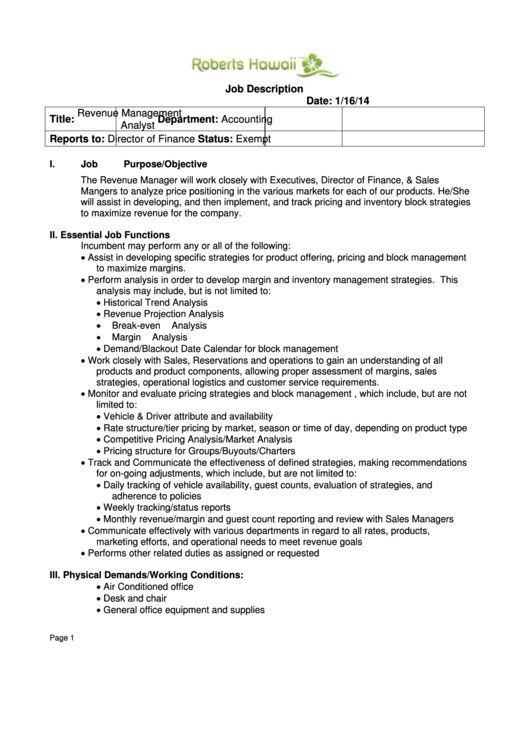 Job Description - Revenue Management Analyst Printable pdf