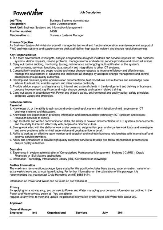 Business Systems Administrator Job Description Printable pdf