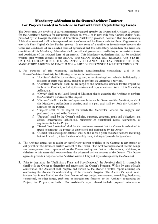 Mandatory Addendum To The Owner/architect Contract Printable pdf