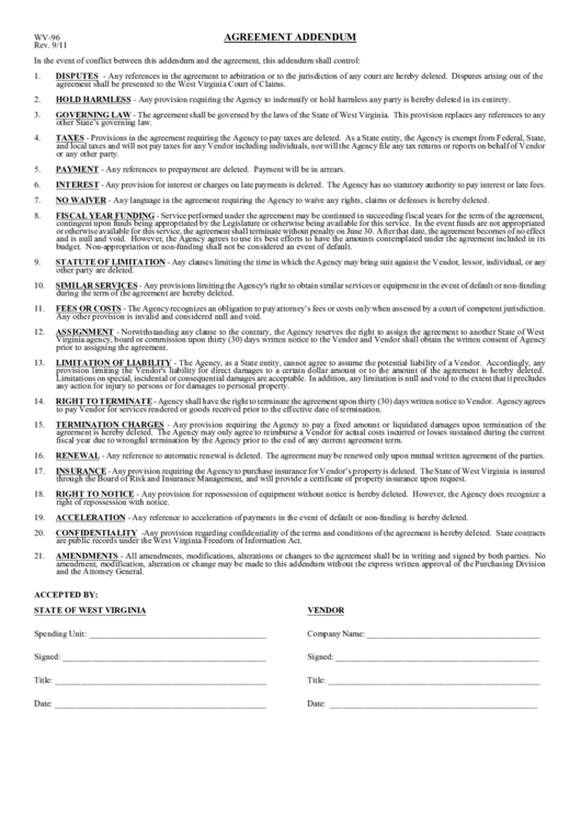 Wv-96 - Agreement Addendum Printable pdf