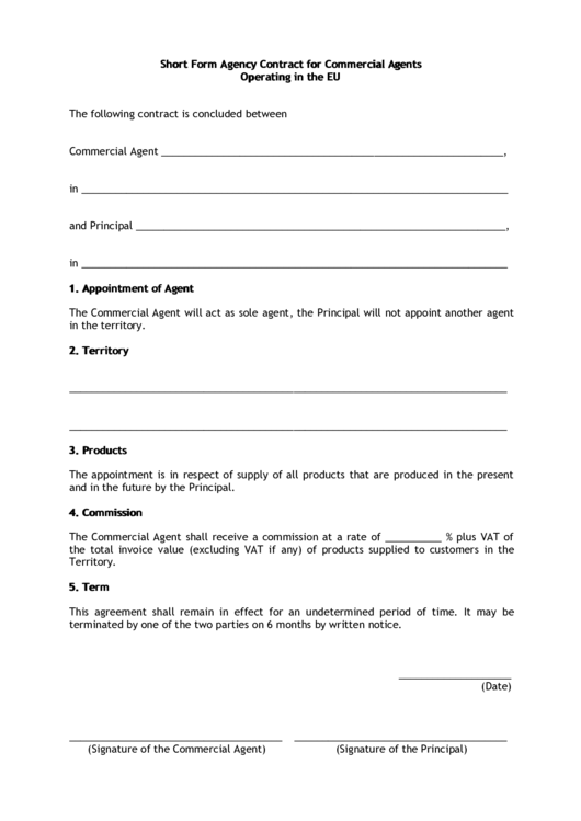 Short Form Agency Contract For Commercial Agents Operating In The Eu Printable pdf
