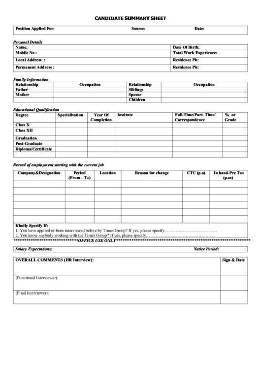 Candidate Summary Sheet Printable pdf