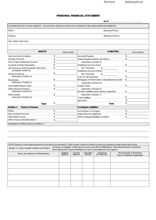 Fillable Personal Financial Statement Form Printable pdf