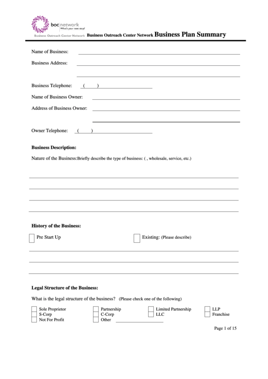 Business Plan Summary Template Printable pdf