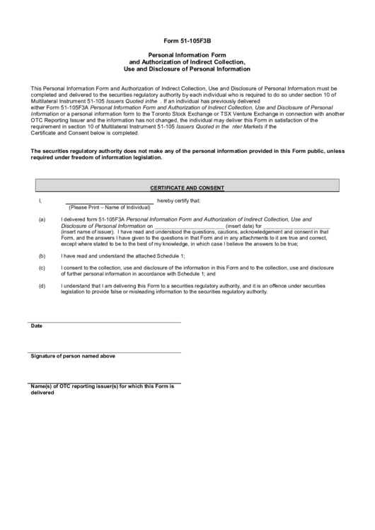 Personal Information Form And Authorization Of Indirect Collection, Use And Disclosure Of Personal Information Printable pdf