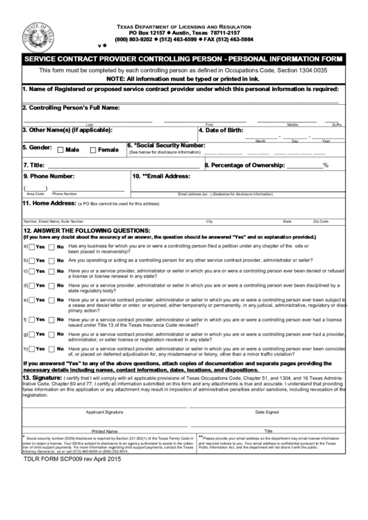 Texas Department Of Licensing And Regulation Personal Information Form 
