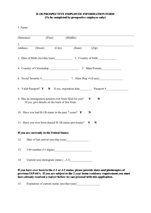 H-1b Prospective Employee Information Form Printable pdf