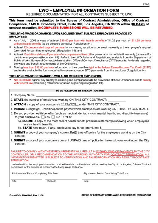 Fillable Form Occ/lw-6 (Rev. 11/08) - Lwo - Employee Information Form Printable pdf