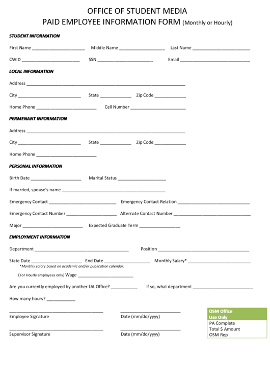 Fillable Office Of Student Media Paid Employee Information Form Printable pdf
