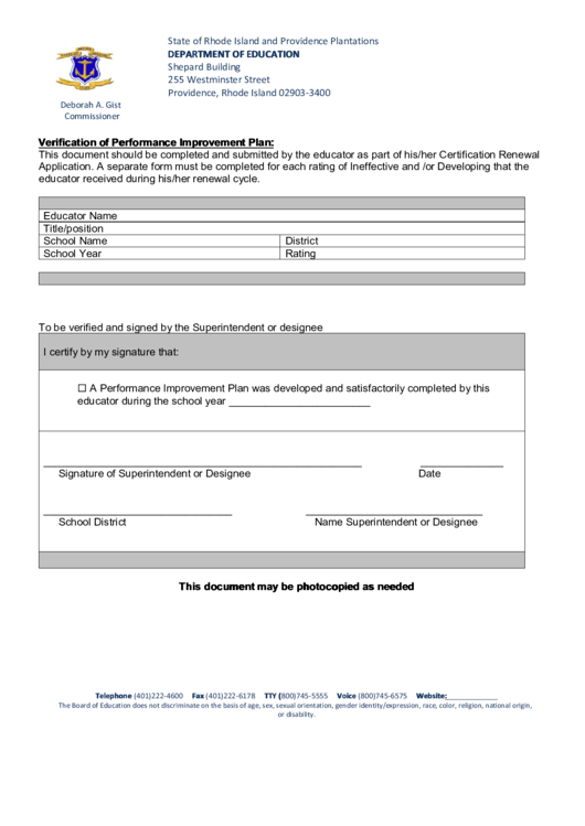 Department Of Education Performance Improvement Plan Printable pdf