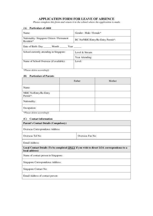 Application Form For Leave Of Absence Printable pdf