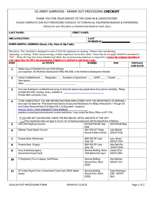 Us Army Garrison - Miami Out-Processing Checklist Printable pdf