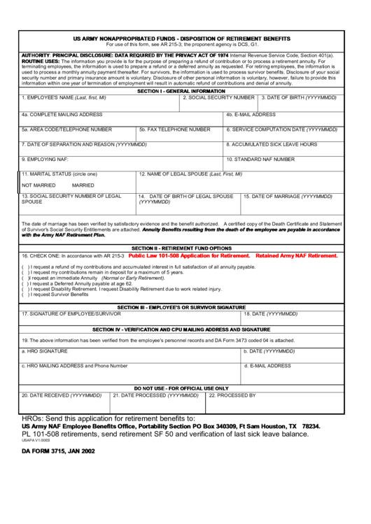 Us Army Nonappropriated Funds - Disposition Of Retirement Benefits Printable pdf