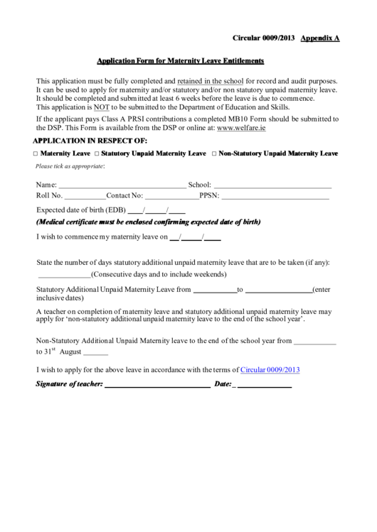 Application Form For Maternity Leave Entitlements Printable pdf