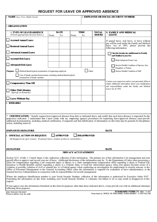 Fillable Request For Leave And Approved Absence Printable pdf