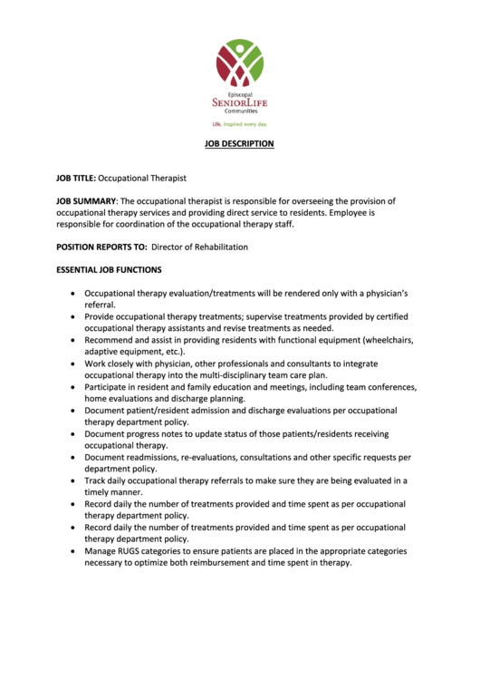 Job Description - Occupational Therapist Printable pdf