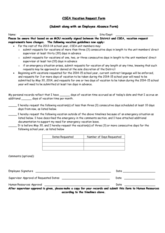 Csea Vacation Request Form Printable pdf