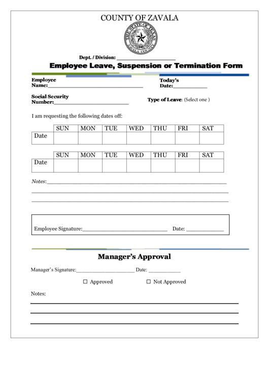 Fillable County Of Zavala Employee Leave, Suspension Or Termination Form Printable pdf