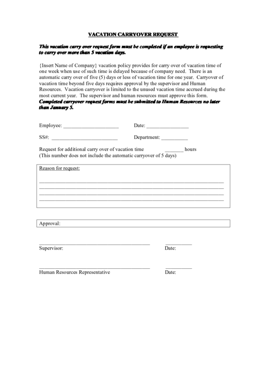 Vacation Carryover Request Form Printable pdf