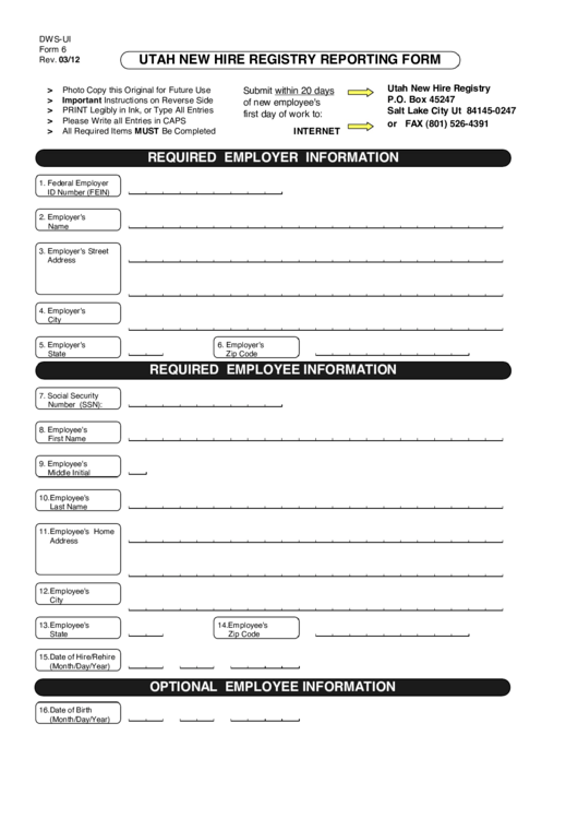 Form 6 - Utah New Hire Registry Reporting Form Printable pdf