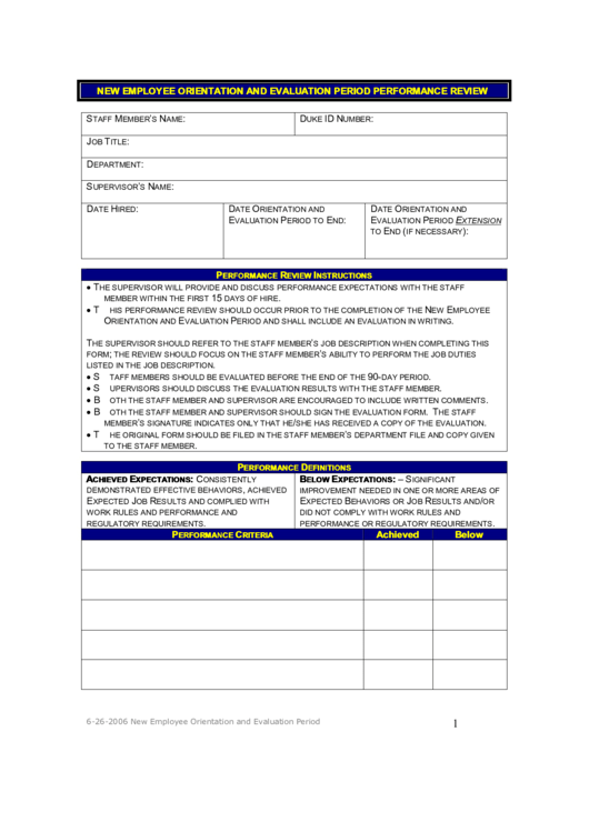 New Employee Orientation And Evaluation Period Review Printable pdf