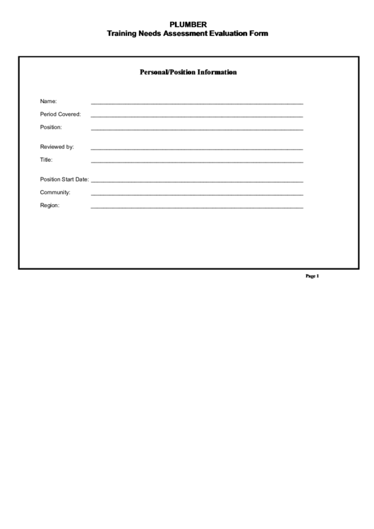 Plumber Training Needs Assessment Evaluation Form Printable pdf