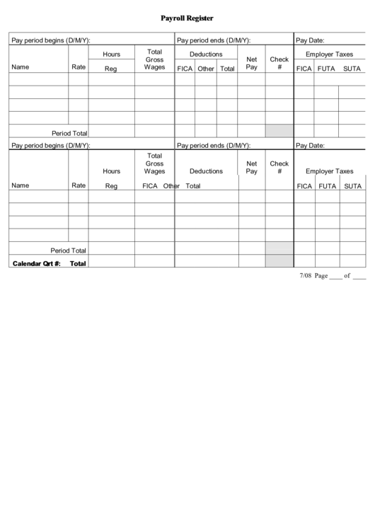 Payroll Register Form Printable pdf