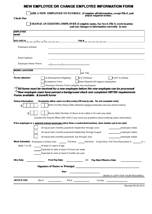 New Employee Or Change Employee Information Form Printable pdf