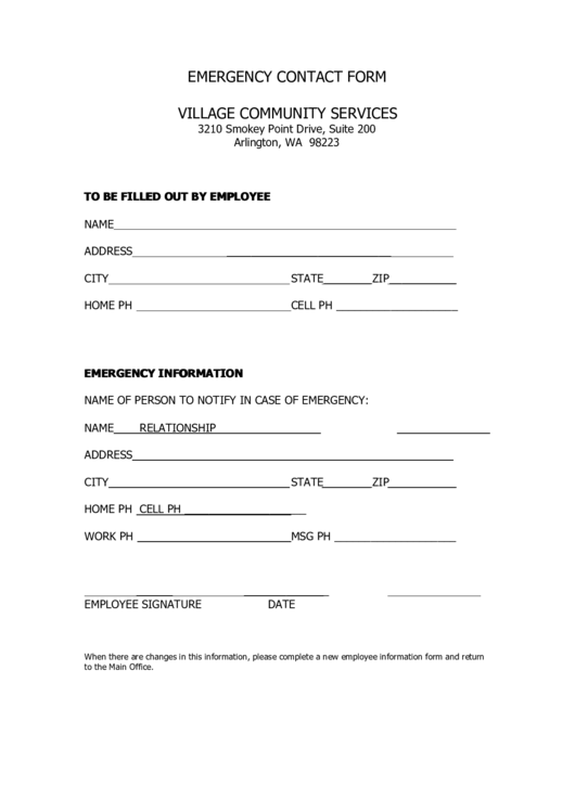 Fillable Village Community Services Emergency Contact Form Printable pdf
