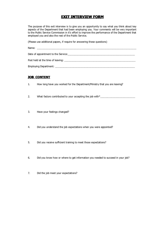 Exit Interview Form Printable pdf