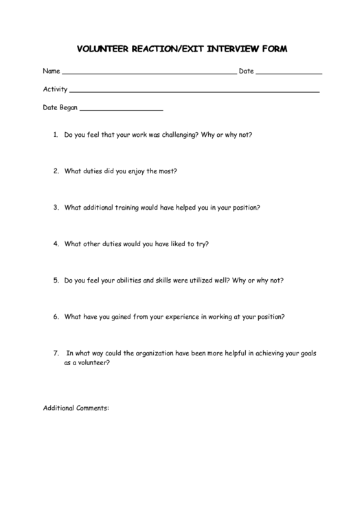 Volunteer Reaction/exit Interview Form Printable pdf