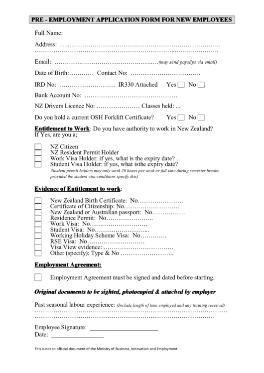 Pre - Employment Application Form For New Employees Printable pdf