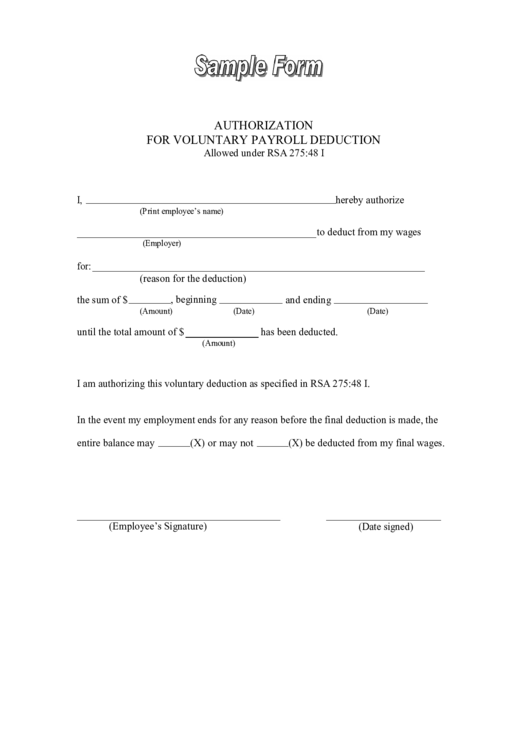 Authorization For Voluntary Payroll Deduction Sample Form Printable pdf
