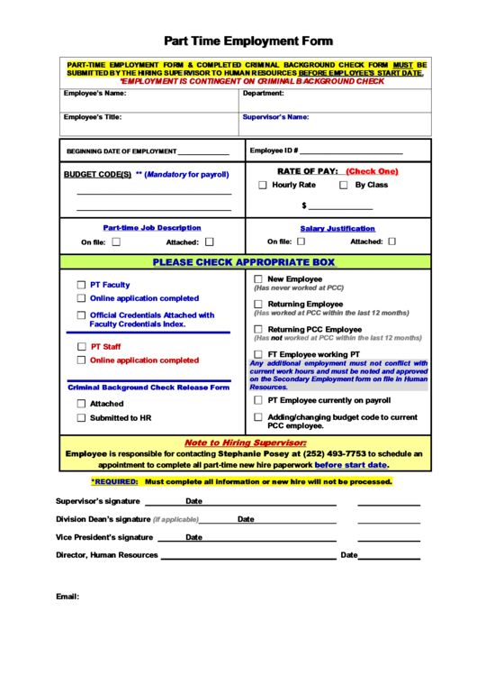 Fillable Part Time Employment Form Printable pdf