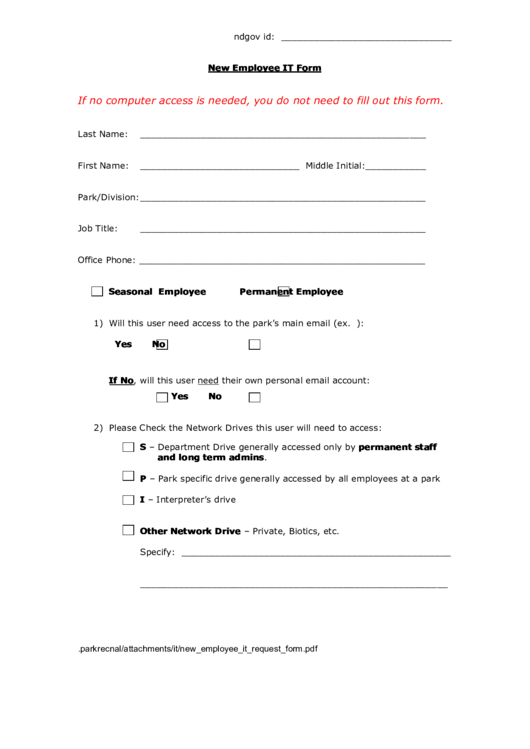 New Employee It Form Printable pdf