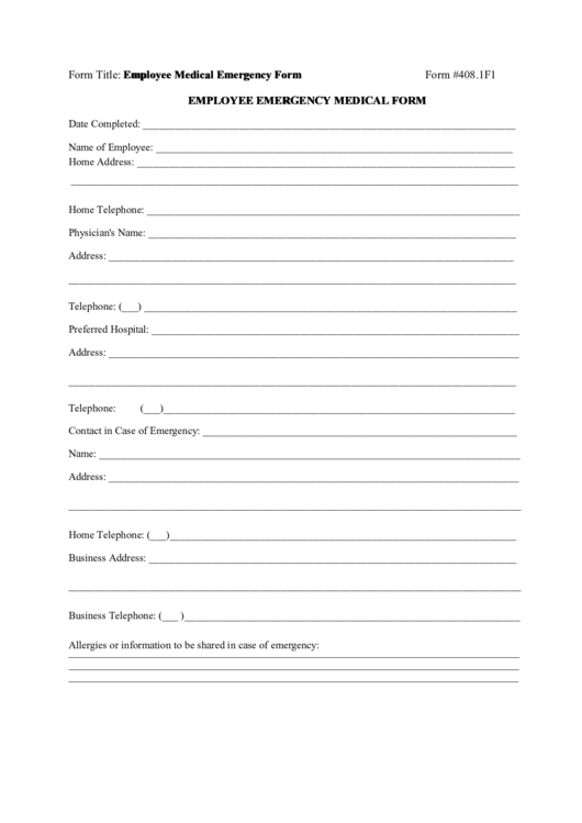 Employee Emergency Medical Form Printable pdf