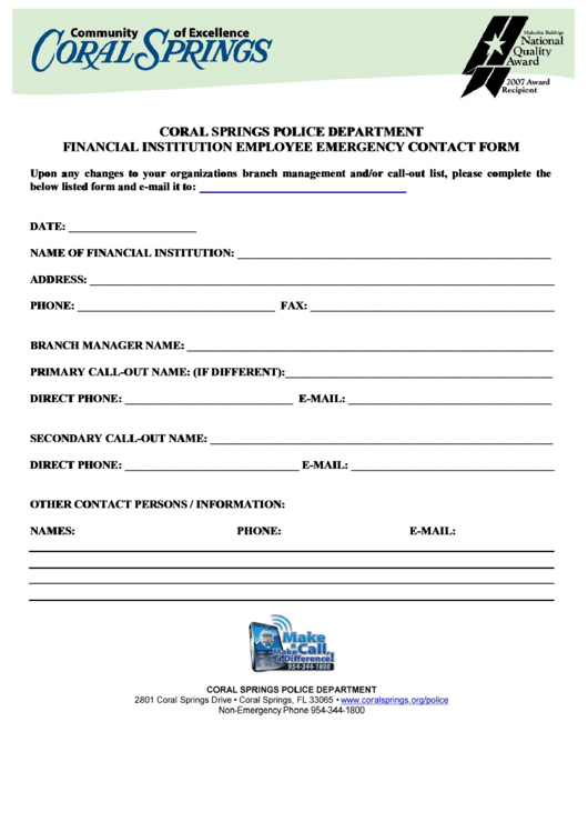 Coral Springs Police Department Financial Institution Employee Emergency Contact Form Printable pdf