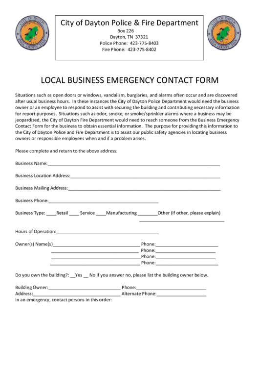 City Of Dayton Police & Fire Department Local Business Emergency Contact Form Printable pdf