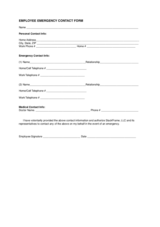 Employee Emergency Contact Form Printable pdf