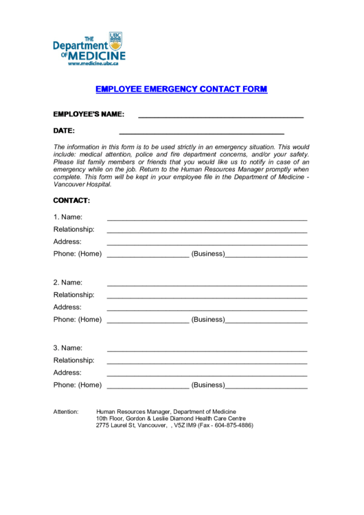 The Department Of Medicine Employee Emergency Contact Form Printable pdf