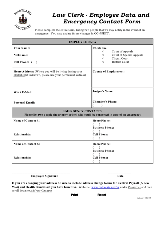 Maryland Judiciary Employee Data And Emergency Contact Form