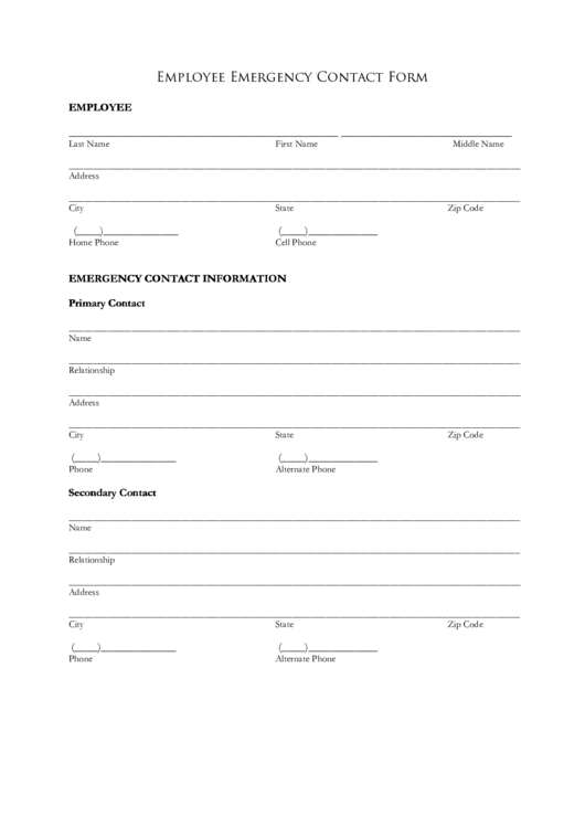 Employee Emergency Contact Form Printable pdf