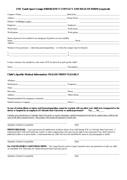 Csu Youth Sport Camps Emergency Contact And Health Form Printable pdf