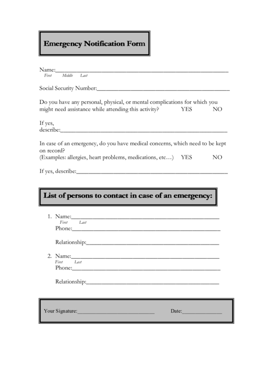 Emergency Notification Form Printable pdf