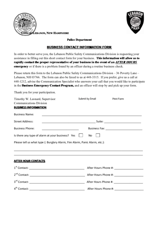 Fillable Police Department Business Contact Information Form Printable pdf