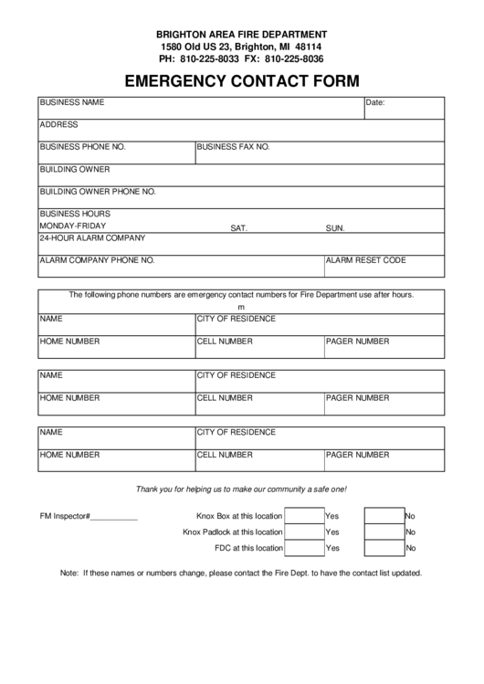 Brighton Area Fire Department Emergency Contact Form printable pdf download