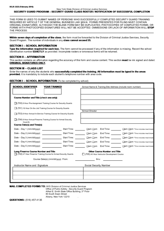 Fillable Security Guard Class Roster / Notification Of Successful Completion Form Printable pdf