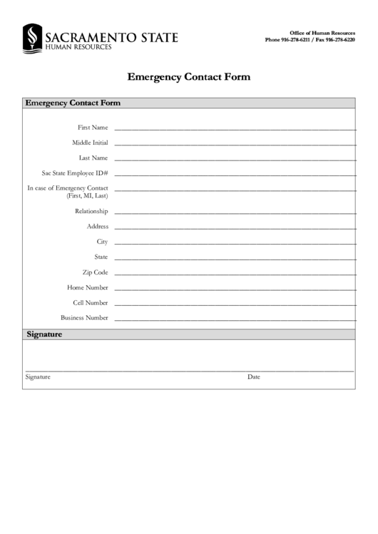 Sacramento State Emergency Contact Form Printable pdf