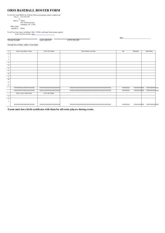 Orss Baseball Roster Form Printable pdf