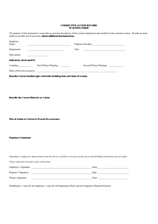 Corrective Action Record Warning Form Printable pdf